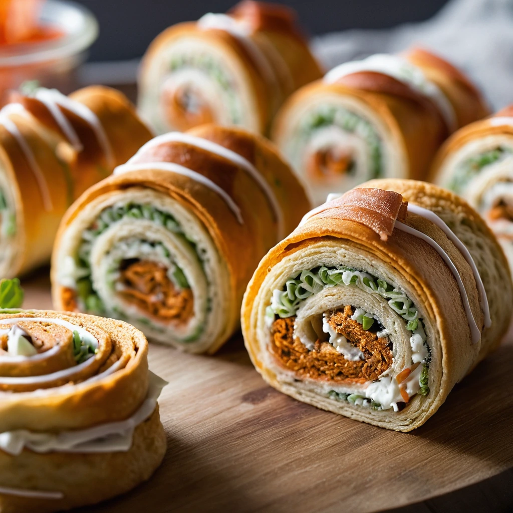 Golden crescent rolls filled with spicy buffalo chicken and creamy ranch, sliced into pinwheels.