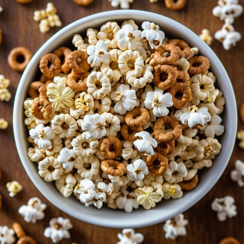 Golden popcorn and pretzels in a bowl with a sprinkle of green onions.