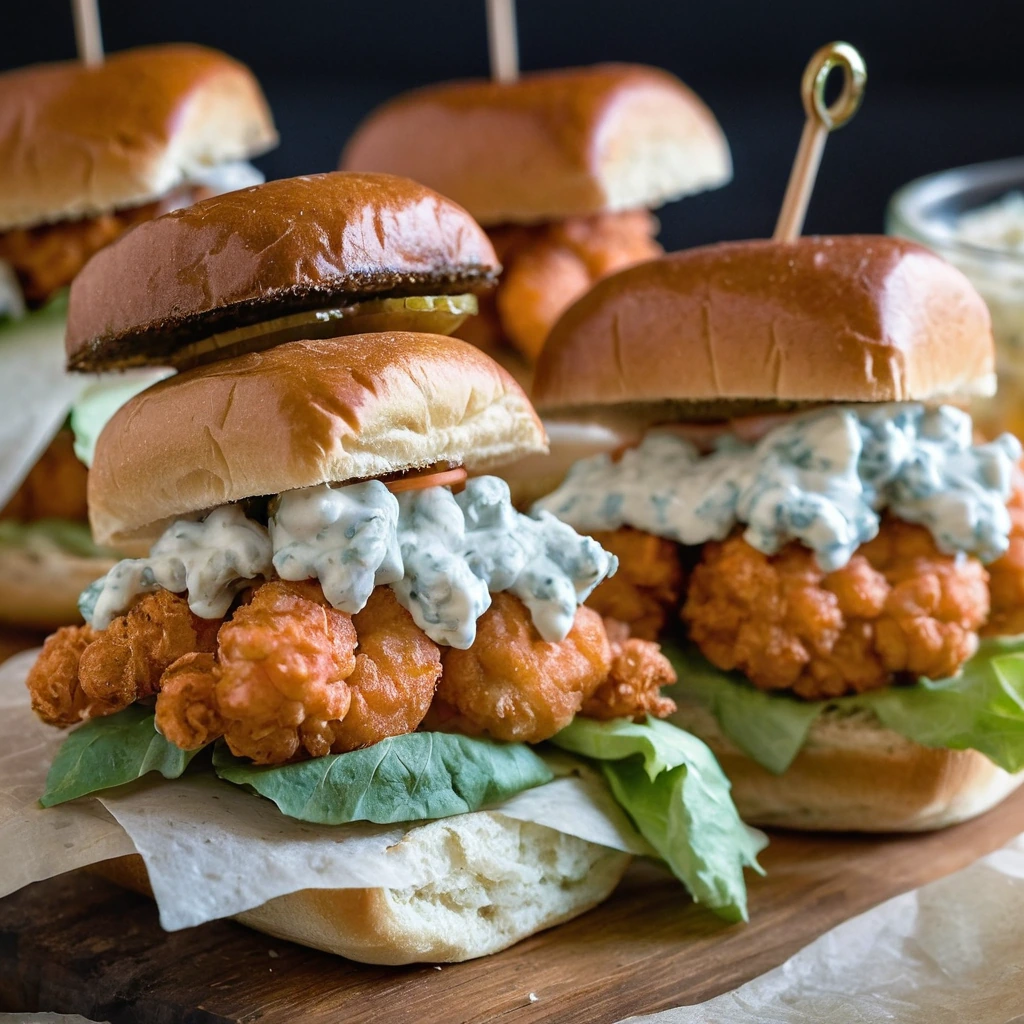 Golden shrimp slider sandwiches with a drizzle of blue cheese dressing on a rustic wooden board.