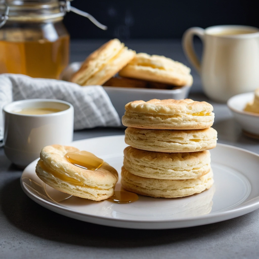 Golden brown biscuits on a white plate with a small dish of honey butter.