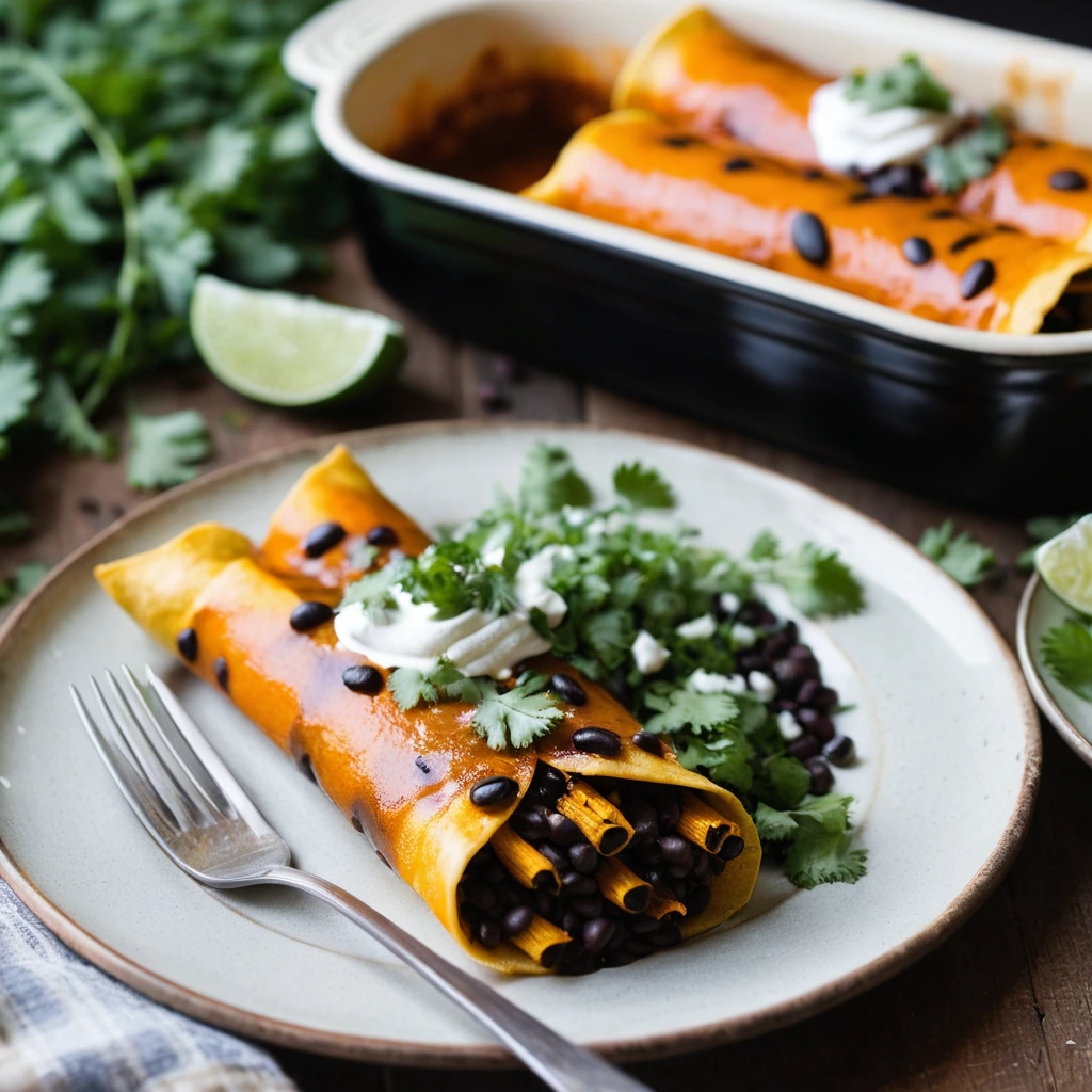 Golden enchiladas with red sauce, topped with melted cheese and a sprinkle of fresh cilantro, served on a rustic plate.