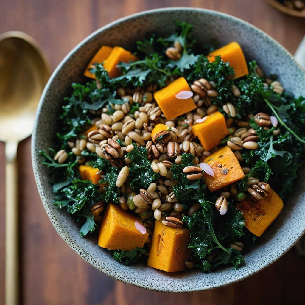 Colorful bowl with golden roasted butternut squash, vibrant kale, and chewy farro, sprinkled with toasted pumpkin seeds.