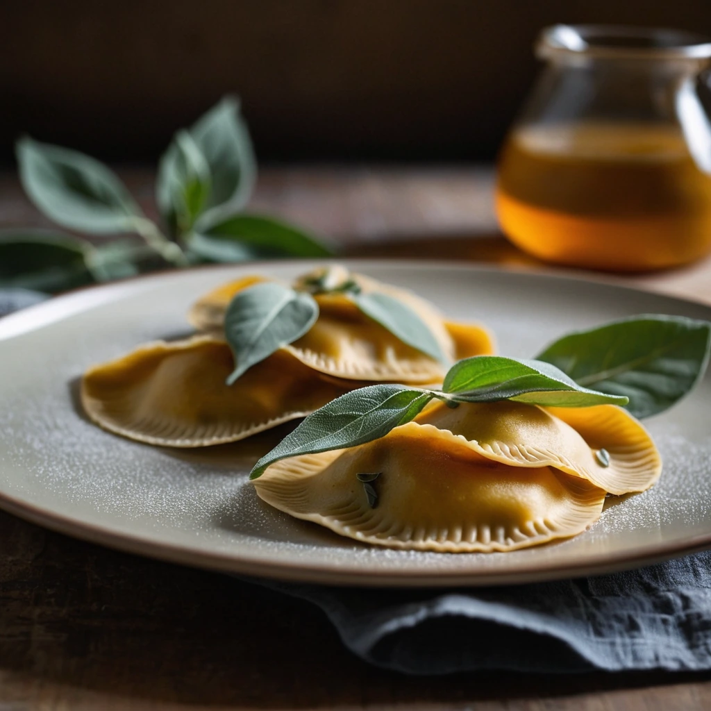Plate of golden brown ravioli with sage leaves in a rich, glossy sauce