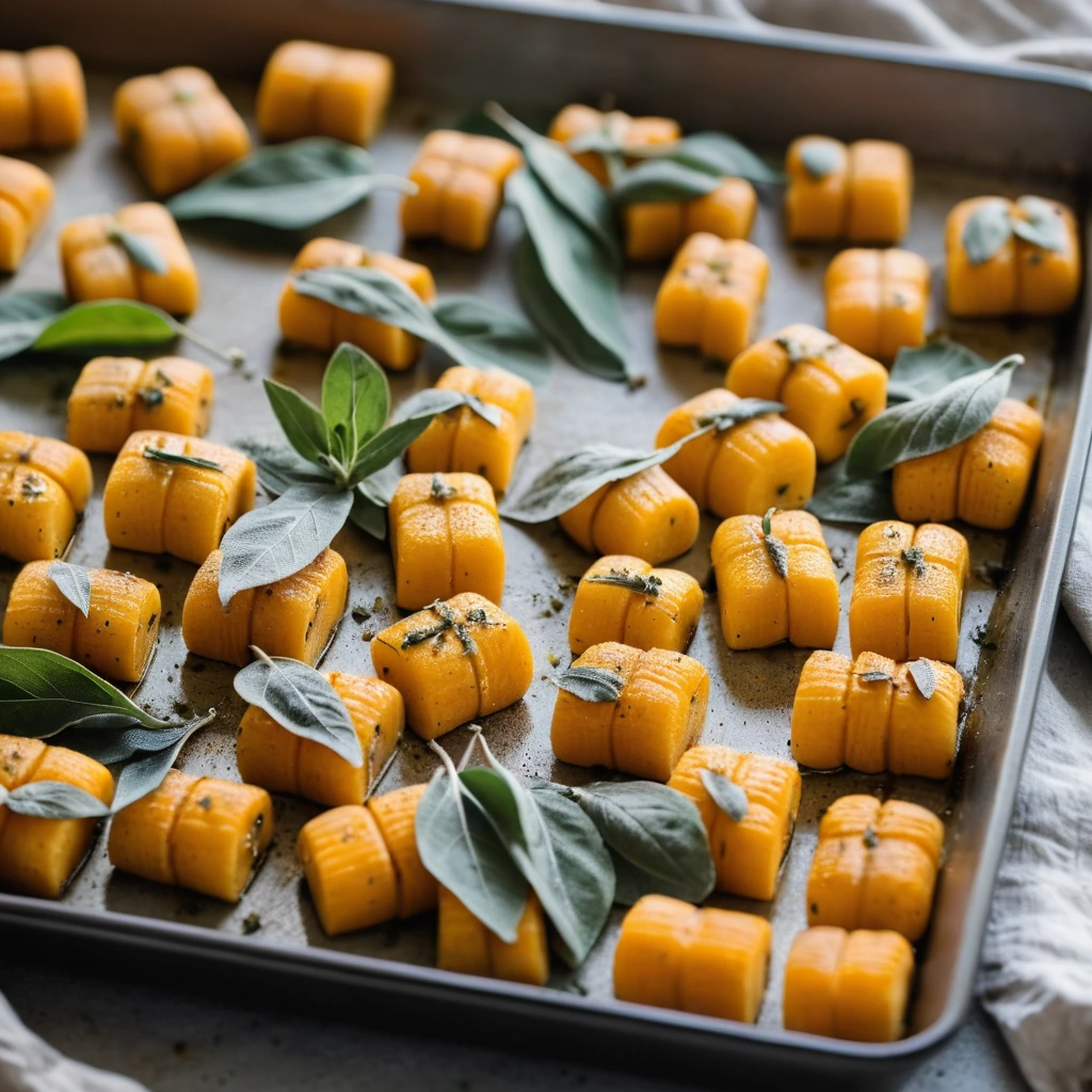 Sheet pan with roasted butternut squash and gnocchi, sprinkled with sage, in warm earthy tones.