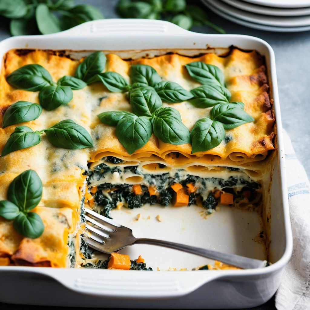 Golden butternut squash and vibrant green spinach layers in a bubbly, cheesy lasagna in a baking dish