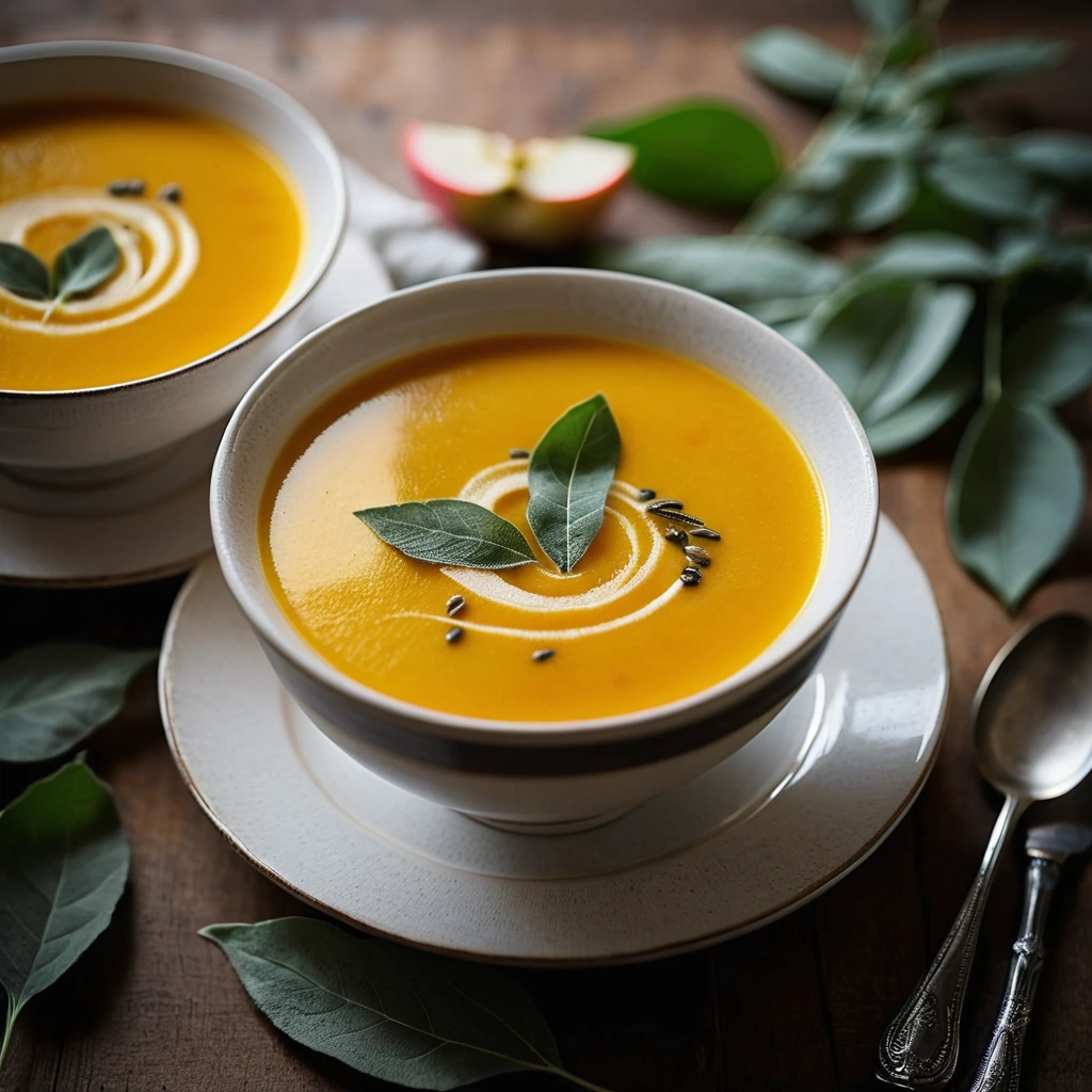 Creamy orange soup in a rustic bowl garnished with fresh sage leaves and a drizzle of olive oil.