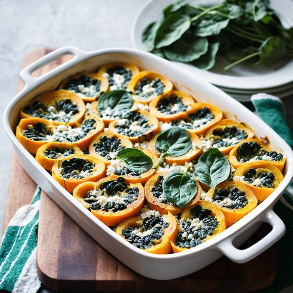 Golden butternut squash and vibrant spinach layered with creamy ricotta in a bubbly casserole dish.