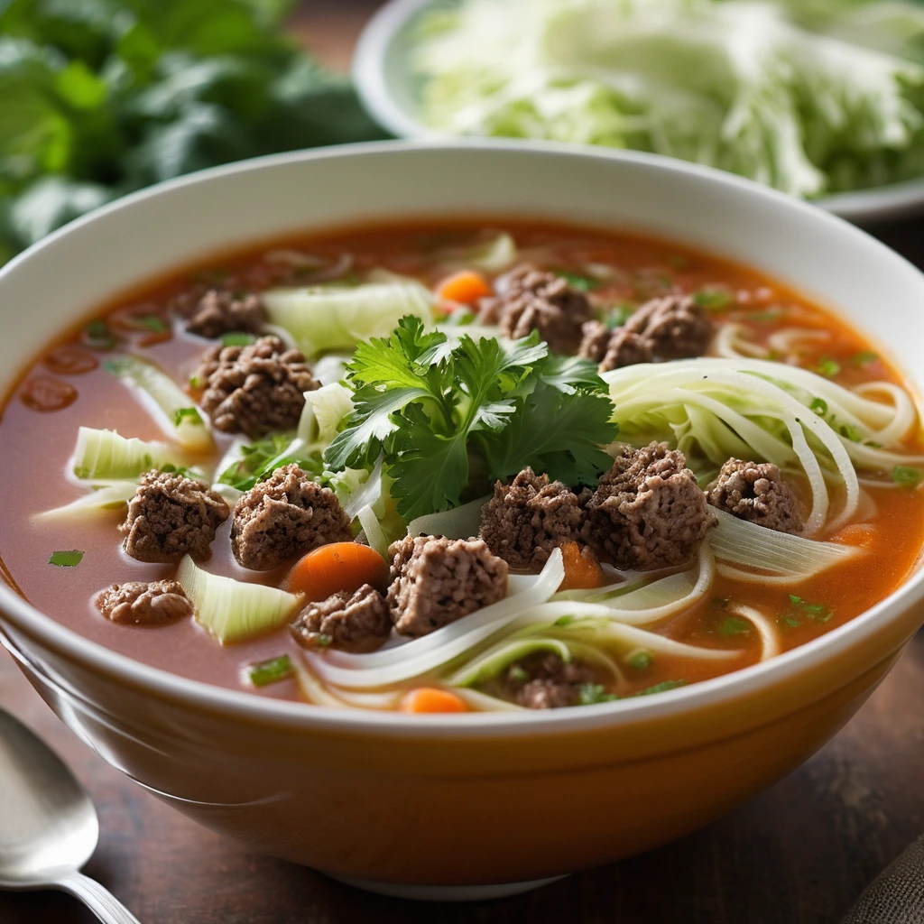 Steaming bowl of soup with chunks of beef and shredded cabbage, sprinkled with fresh parsley.