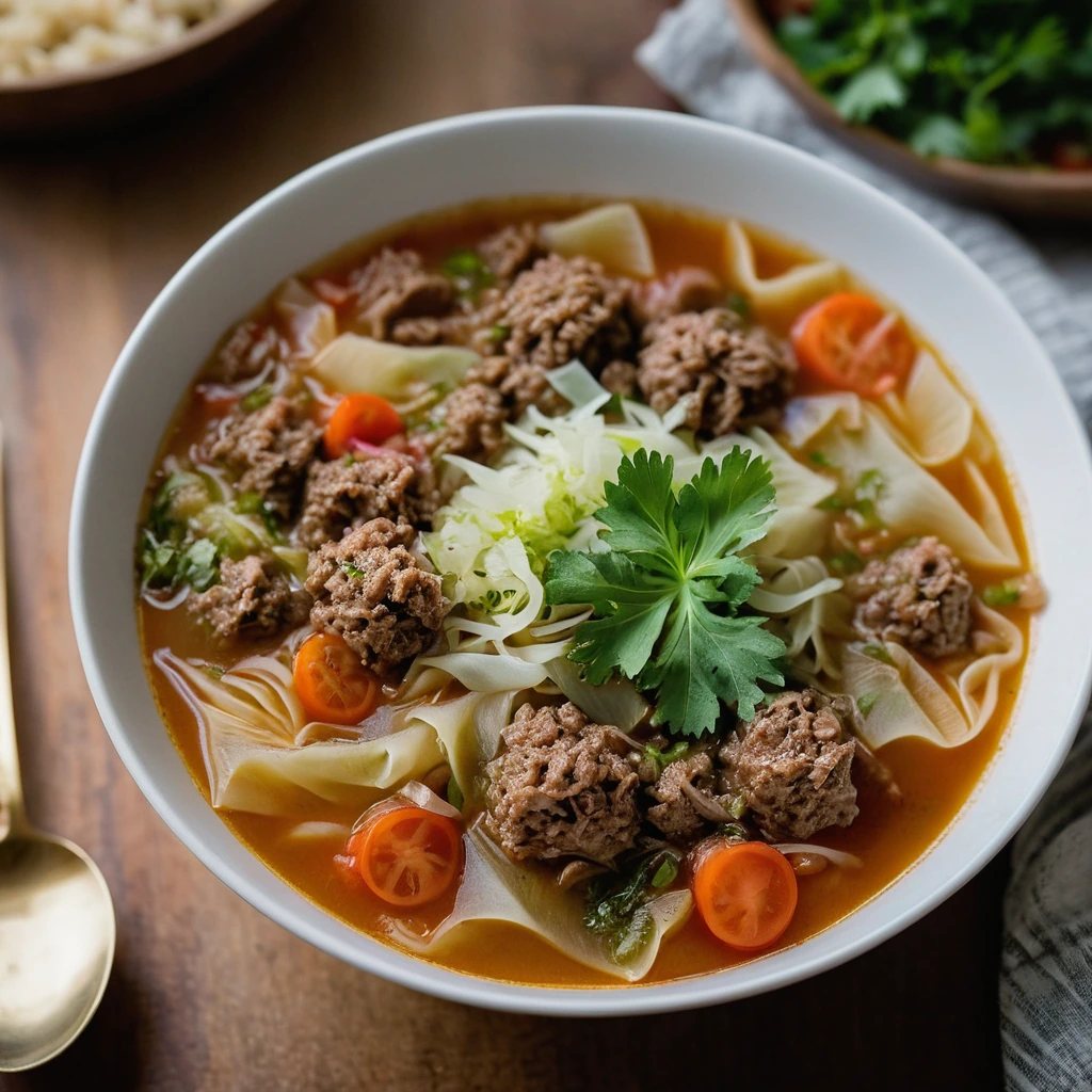 Steaming bowl of soup with chunks of cabbage, ground pork, and diced tomatoes in a golden broth, topped with fresh parsley.