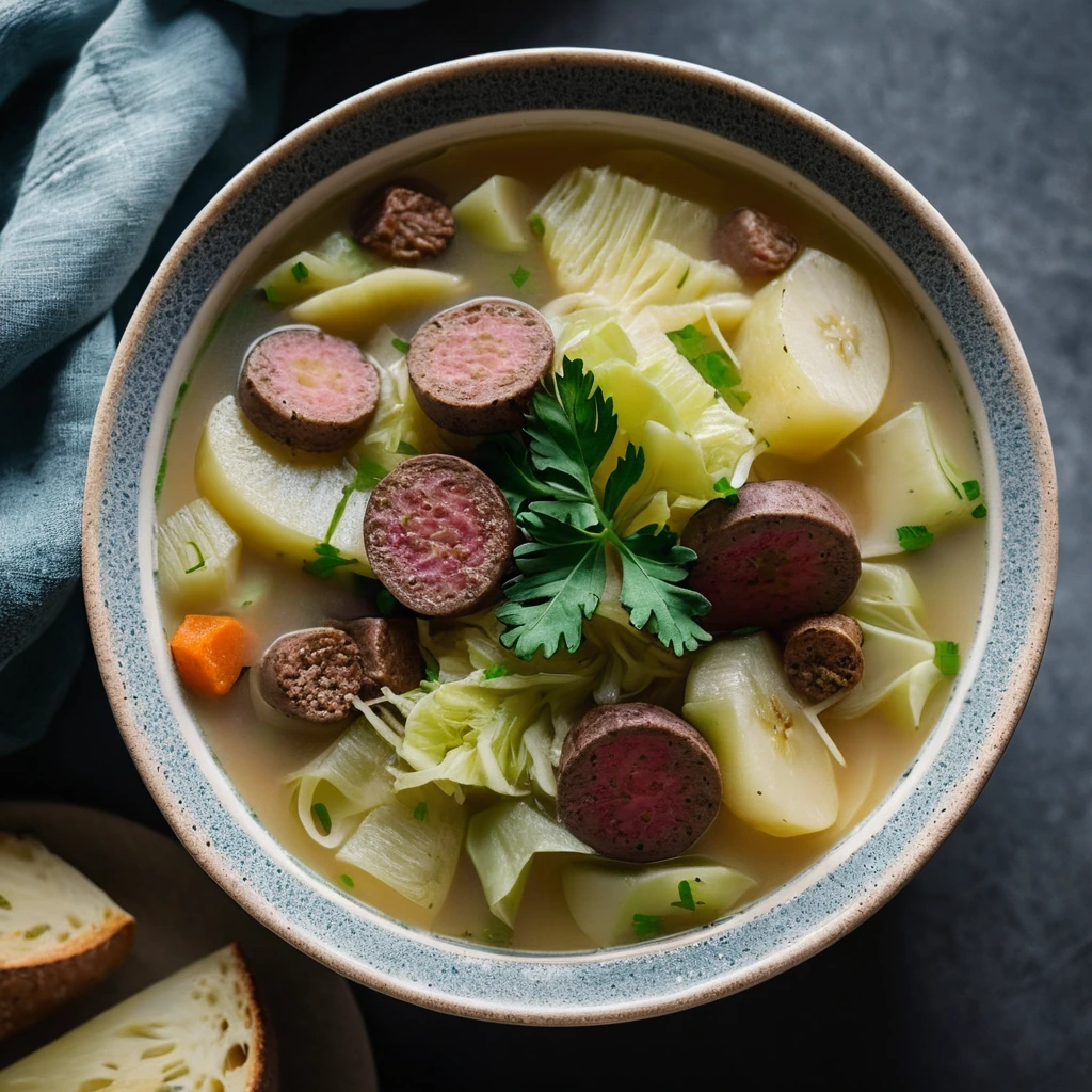 Bowl of vibrant green cabbage, golden potatoes, and links of sausage in a steamy, rich broth