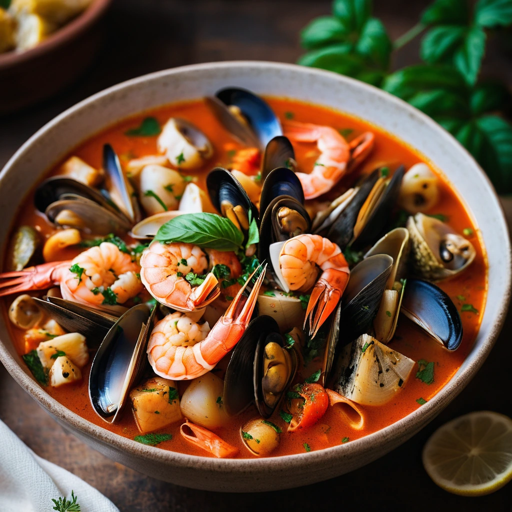 Rustic bowl of colorful seafood stew with chunks of fish and shellfish in a vibrant tomato broth, garnished with parsley.