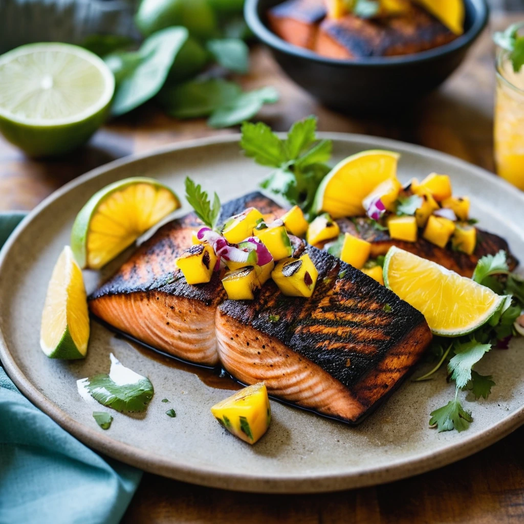 Grilled salmon fillets with a vibrant mango salsa on top, served on a rustic wooden board.