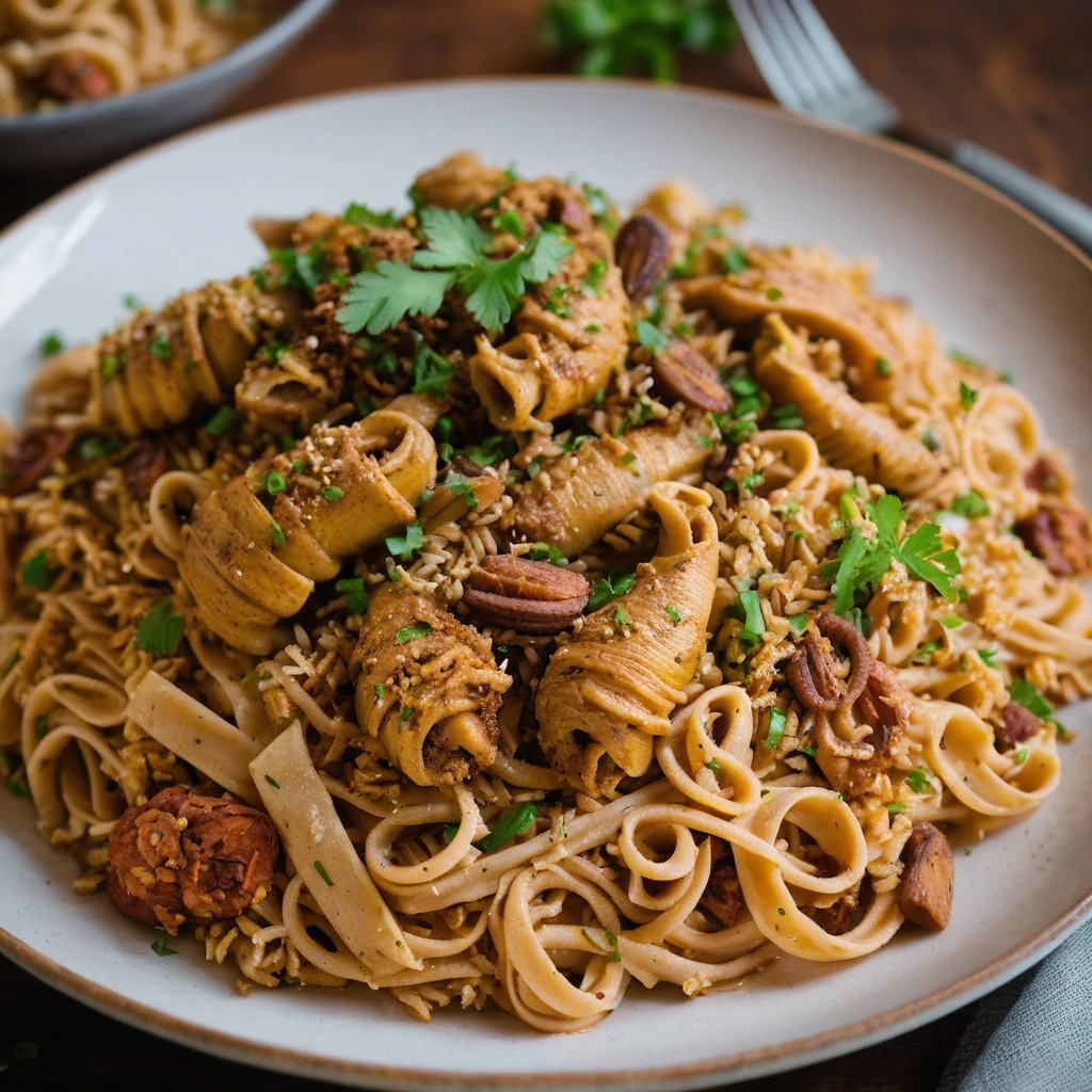 Golden pasta swirled with dark flecks of rice, topped with diced chicken and spicy andouille sausage in a vibrant orange sauce.