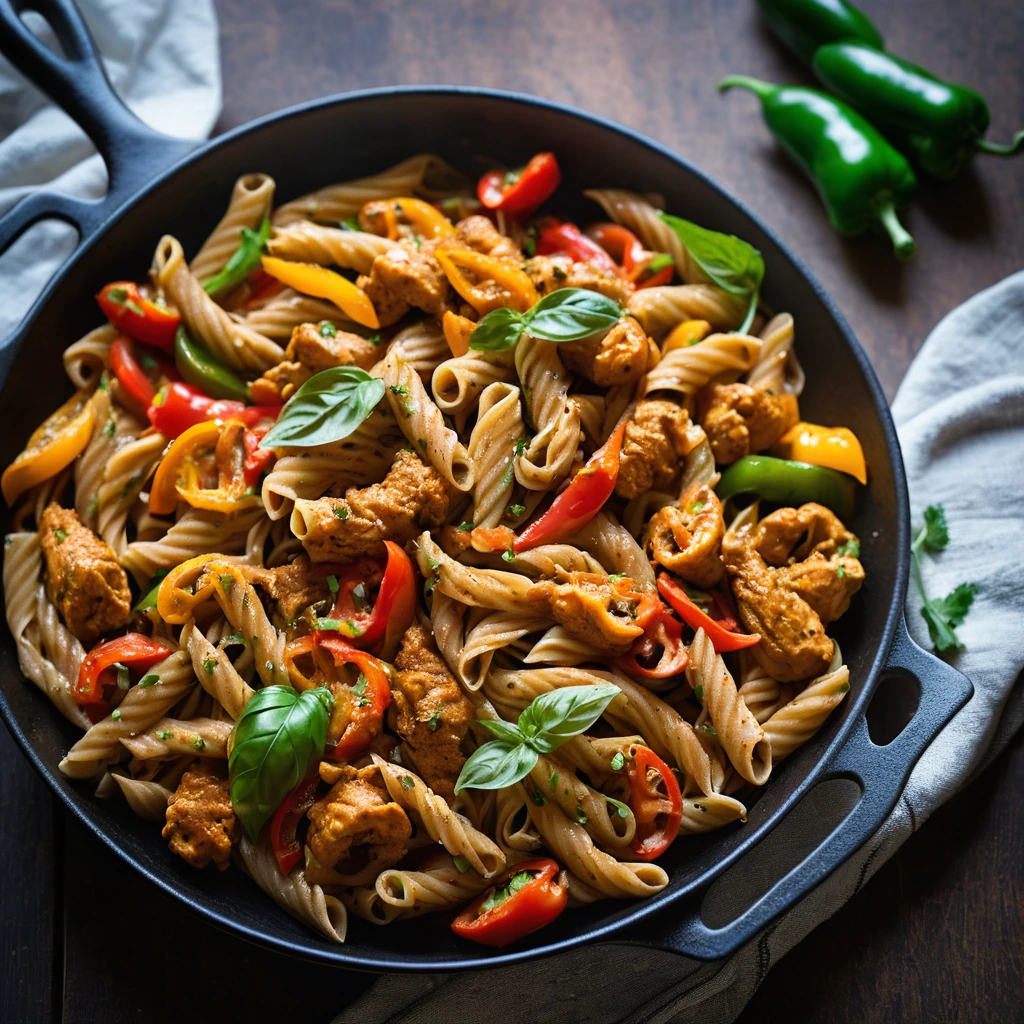Colorful pasta in a skillet with chunks of chicken and sliced bell peppers in a spicy sauce.