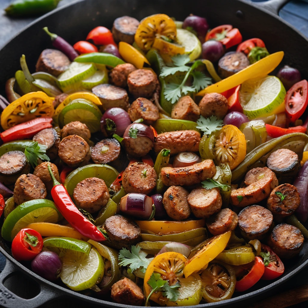 Golden chicken and spicy sausage with colorful bell peppers and onions in a sizzling skillet.