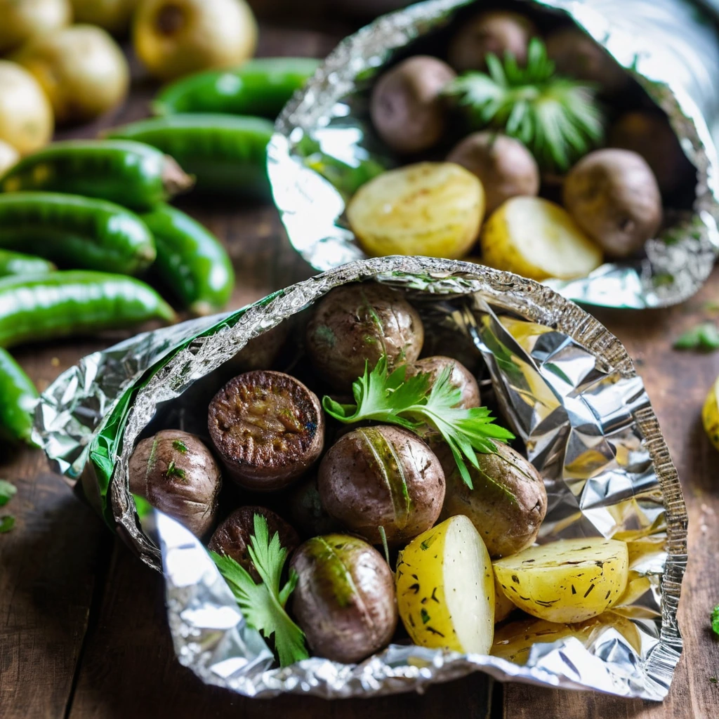 Rustic foil packets with golden potatoes and dark cajun sausage nestled in vibrant green peppers and onions.