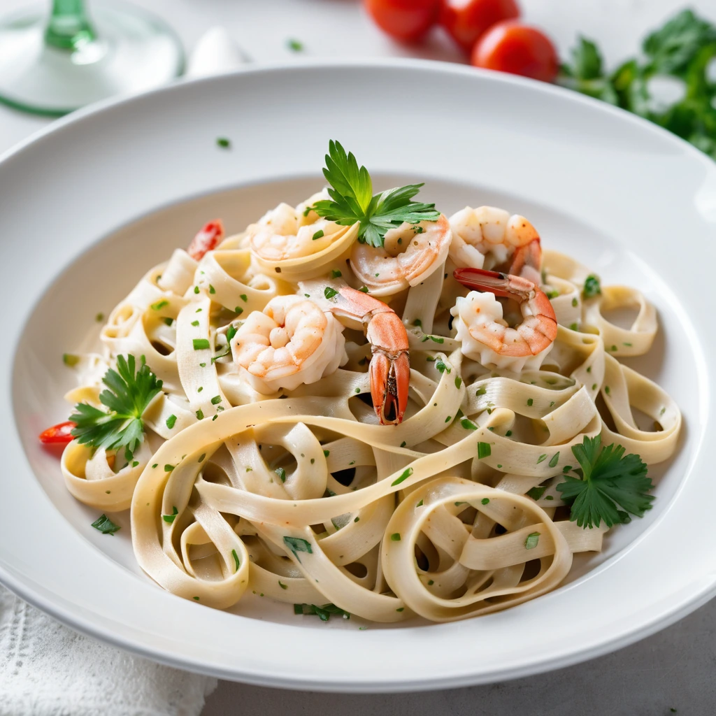 golden fettuccine twirled with creamy white sauce, vibrant red shrimp, and green parsley garnish on a white plate