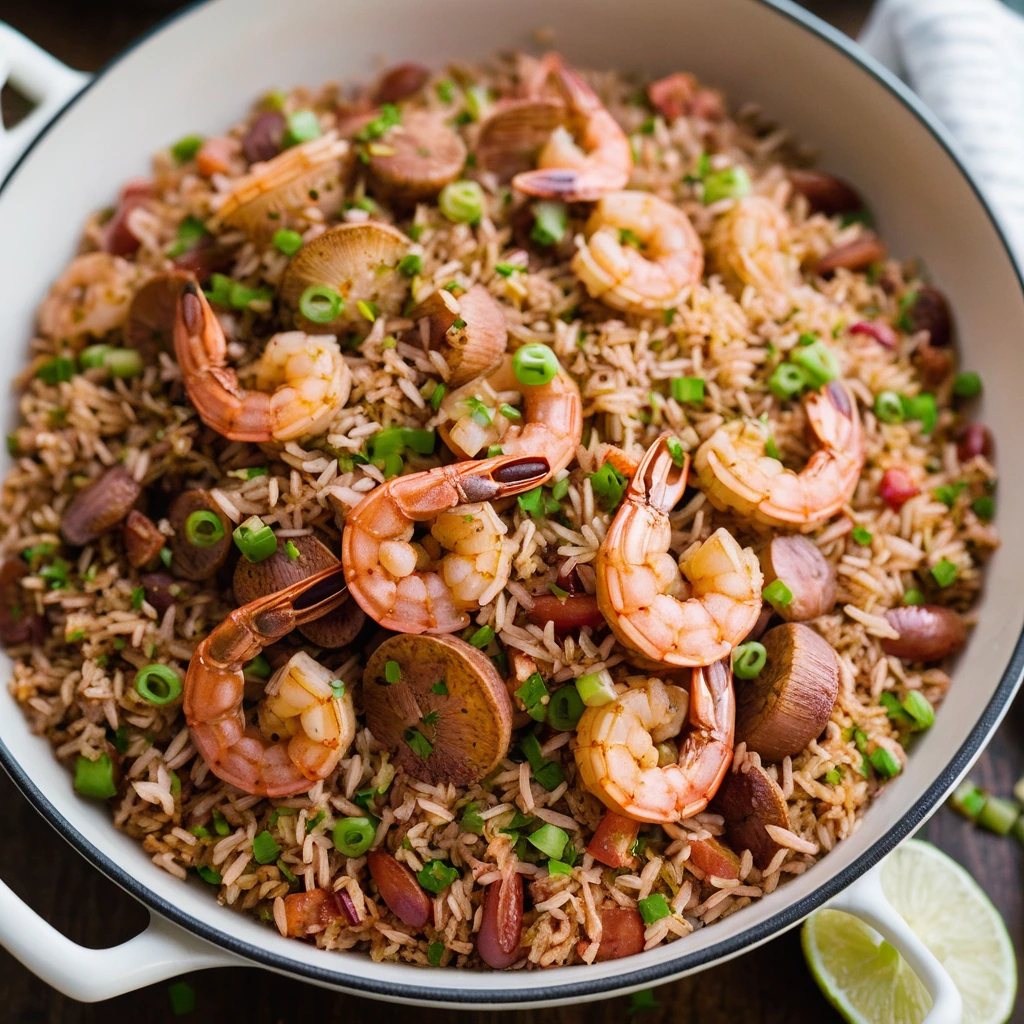 Golden brown rice in a skillet, dotted with pink shrimp and chunks of andouille sausage, garnished with chopped green onions.