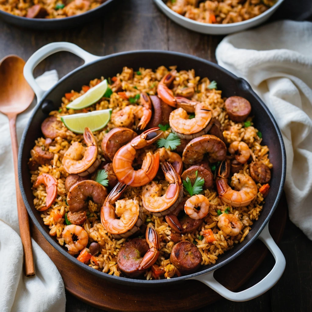 Golden rice topped with plump pink shrimp and slices of spicy sausage in a vibrant orange sauce in a skillet.