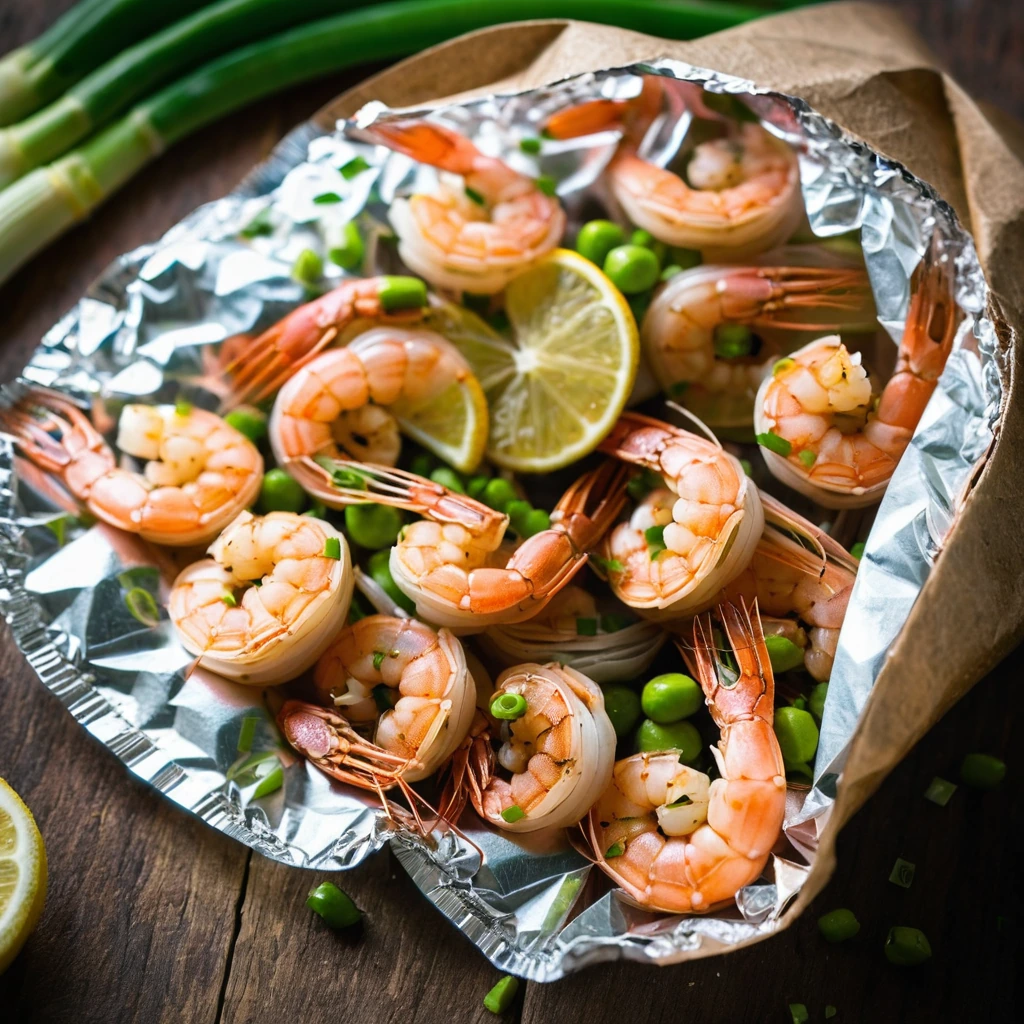 Shrimp in foil packets with a golden brown sear and vibrant green scallions scattered on top, served on a rustic wooden board.