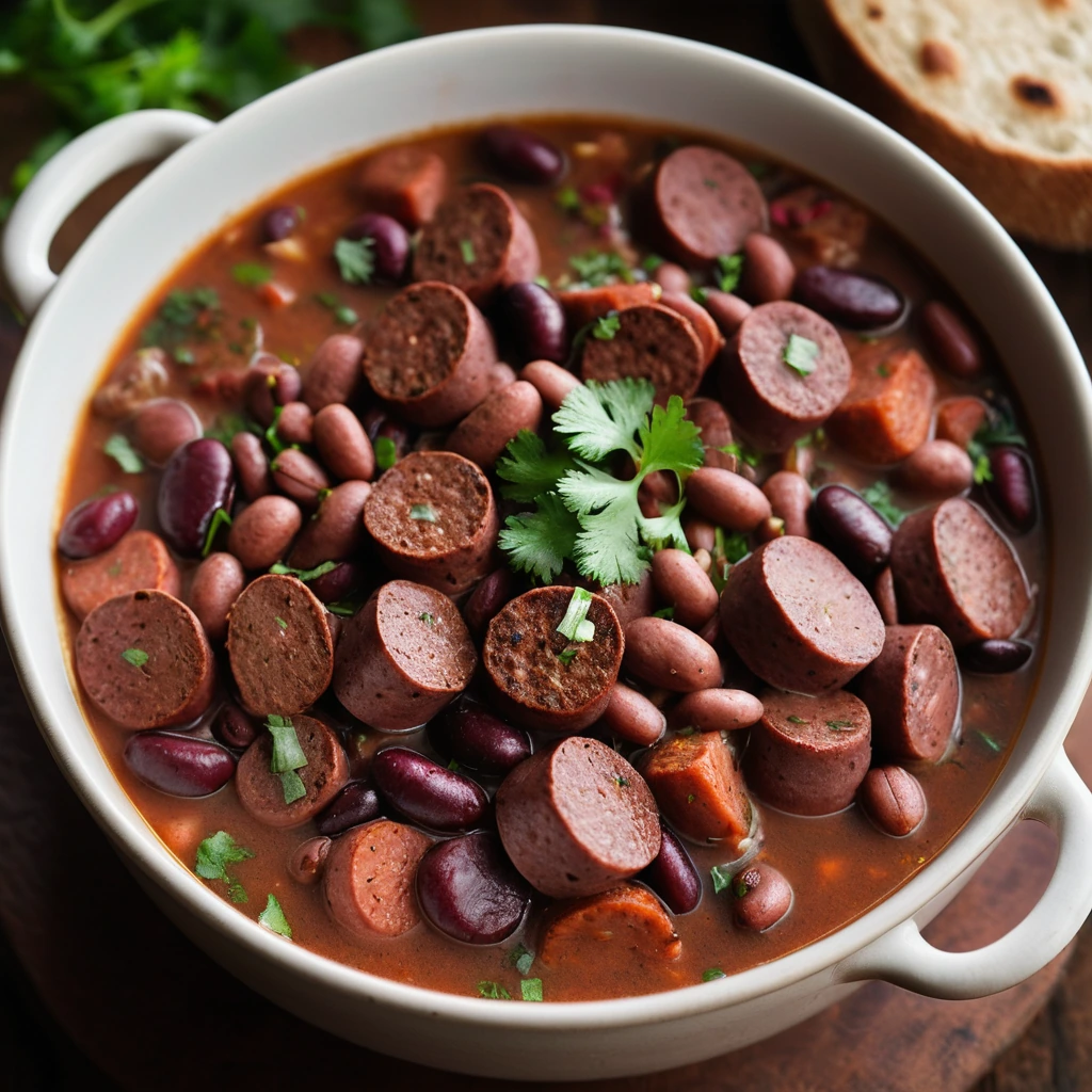 A steaming bowl of thick stew with chunks of smoked sausage and red beans, sprinkled with fresh parsley.