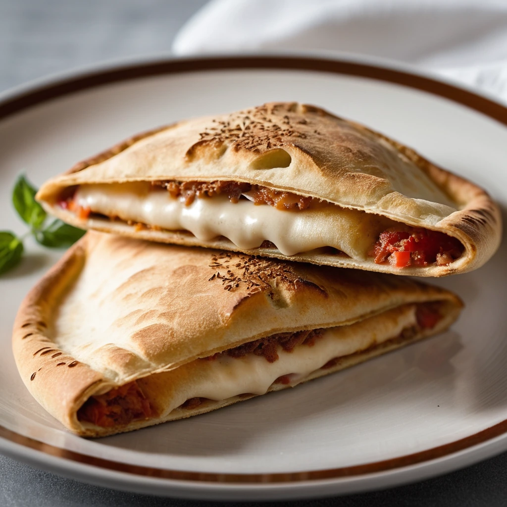 A plate with two golden-brown calzones, one cut open to reveal melted cheese and tomato filling.