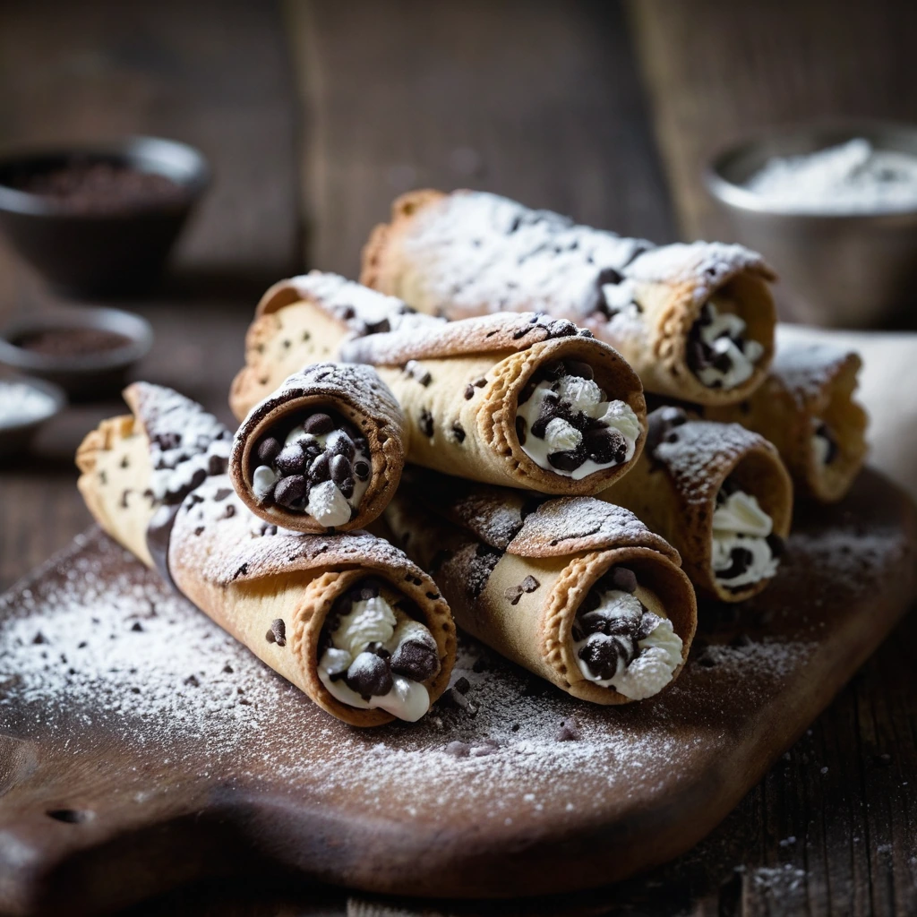 Cannoli shells filled with ricotta and chocolate chips, dusted with powdered sugar, arranged on a rustic wooden board.