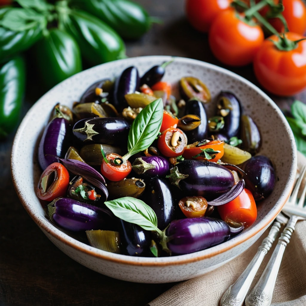 Colorful eggplant and tomato stew with olives and capers in a serving bowl, sprinkled with fresh basil.