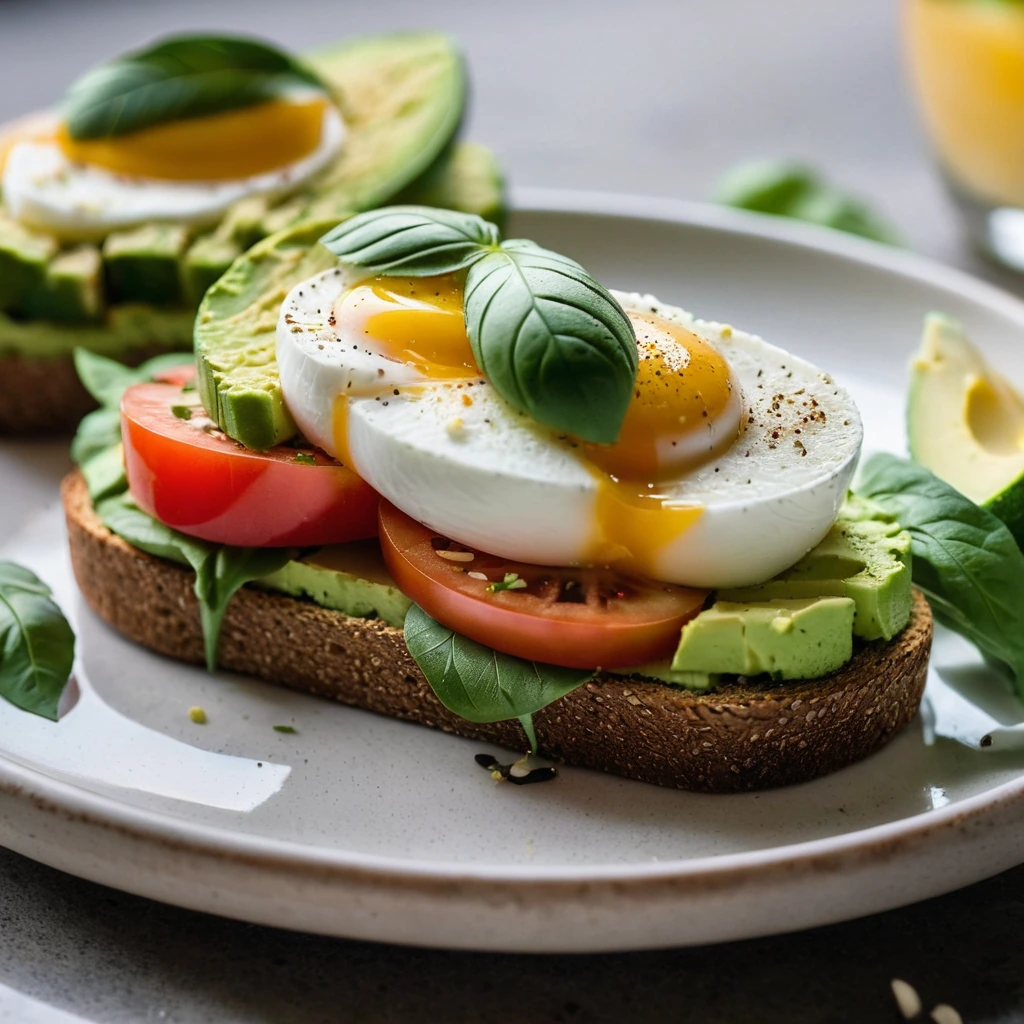 Golden toast topped with green avocado, red tomato slices, white mozzarella, and a sunny soft-boiled egg.