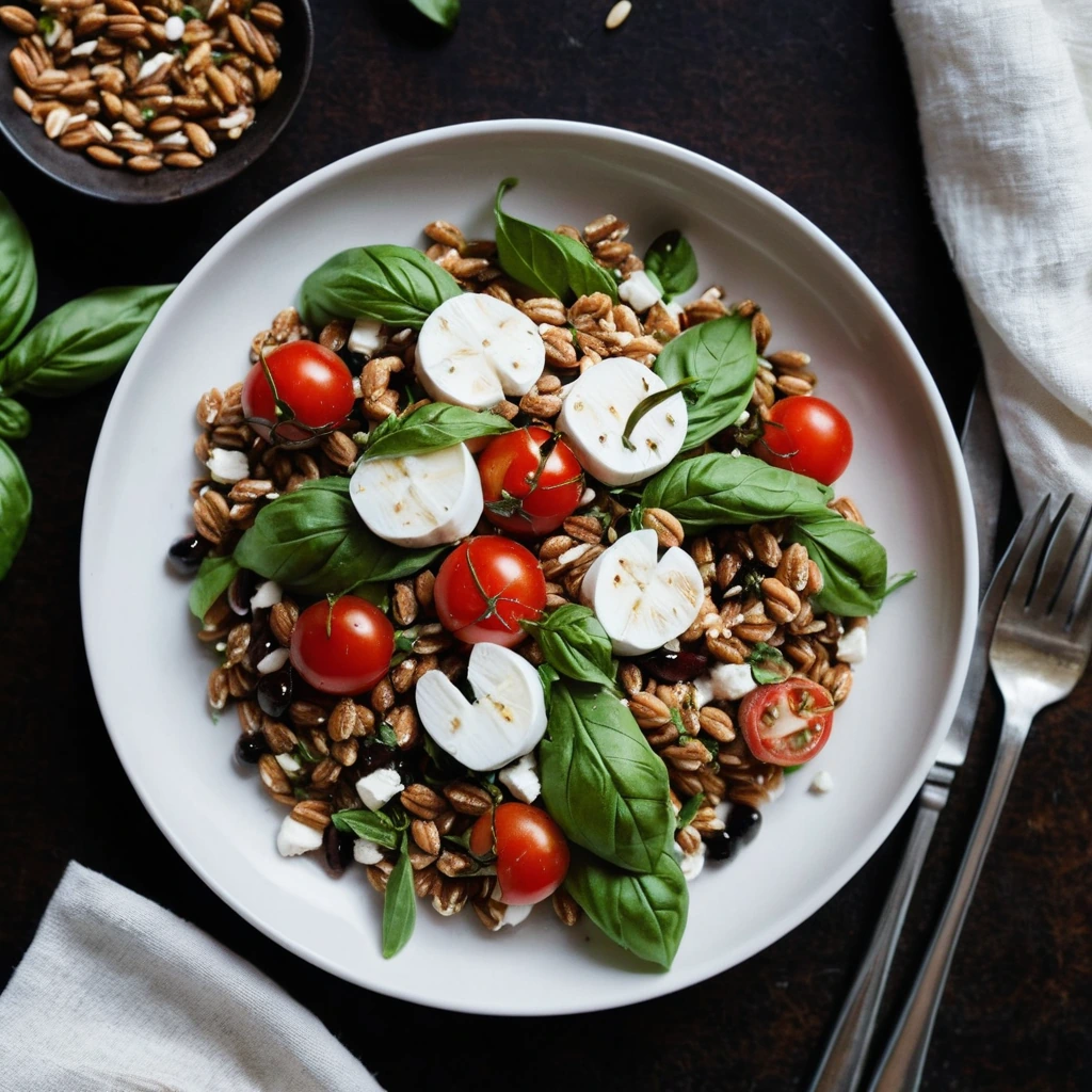 Vibrant salad with green basil leaves, red cherry tomatoes, and white mozzarella balls over a bed of golden farro, drizzled with dark balsamic glaze.