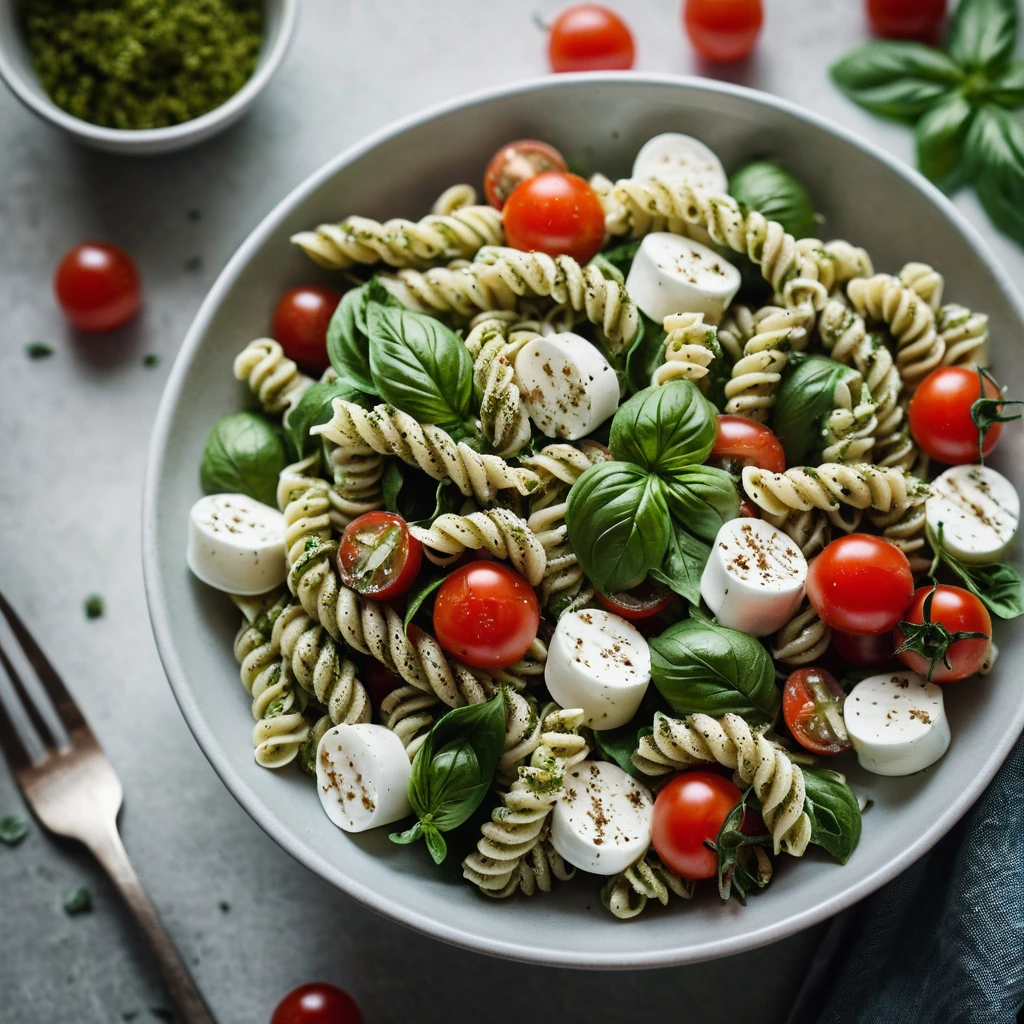 Colorful pasta salad in a bowl with cherry tomatoes, mozzarella balls, and green pesto drizzle.