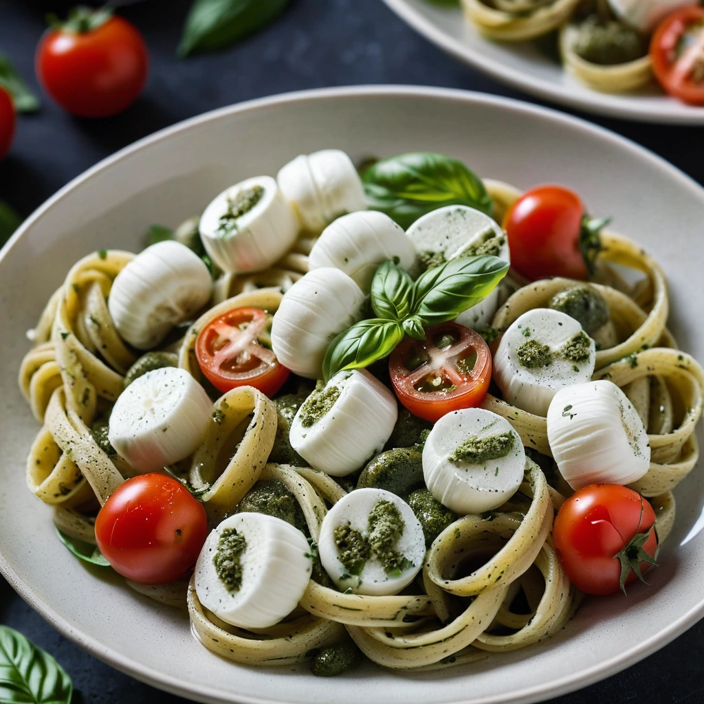 Colorful pasta in a bowl with green pesto sauce, red cherry tomatoes, and white fresh mozzarella chunks.
