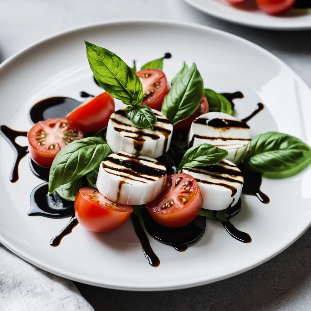 Colorful caprese salad with red tomatoes, white mozzarella, green basil leaves, and a dark balsamic glaze drizzle on a white plate.