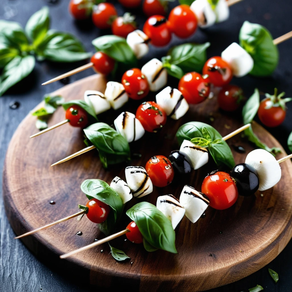 Colorful skewers of red cherry tomatoes, white mozzarella balls, and green basil leaves drizzled with dark balsamic reduction on a rustic wooden board.