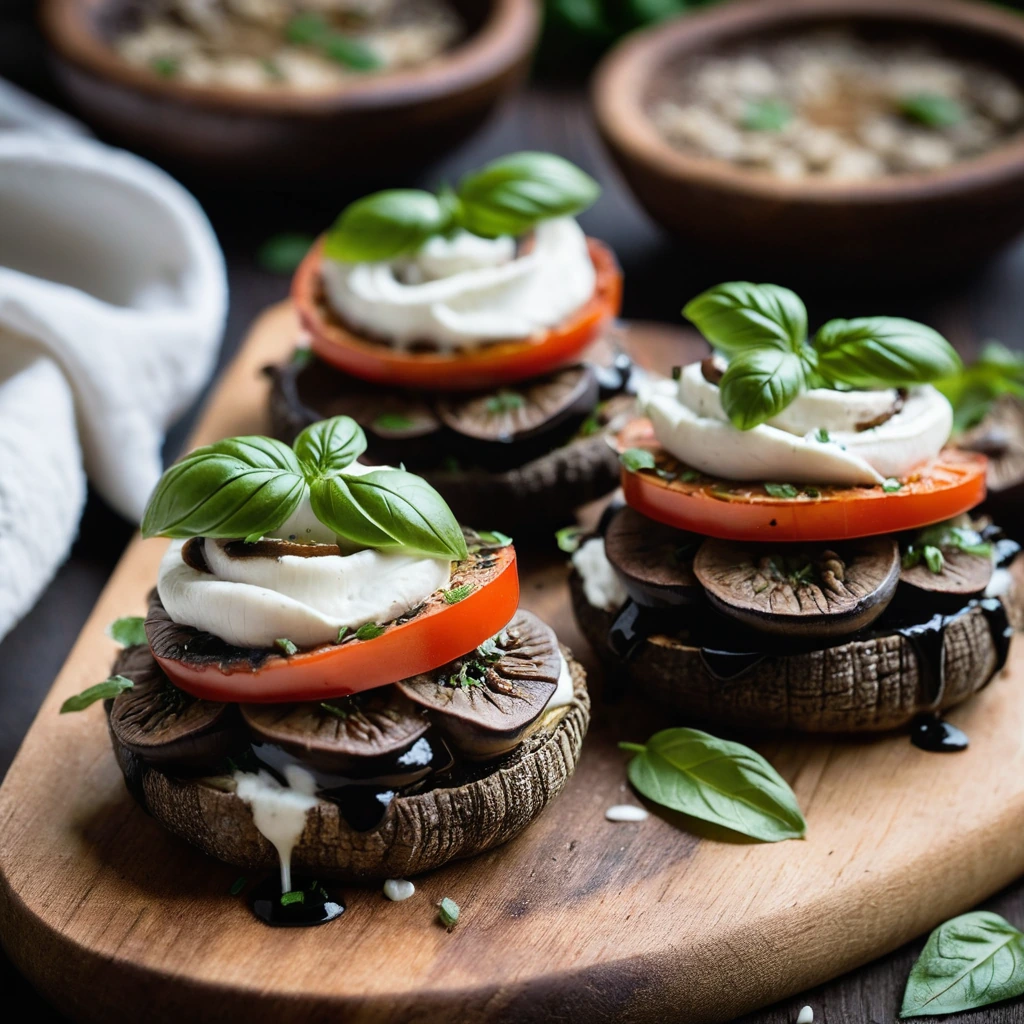Portobello mushrooms stuffed with tomato and mozzarella, drizzled with balsamic glaze, on a rustic wooden board.