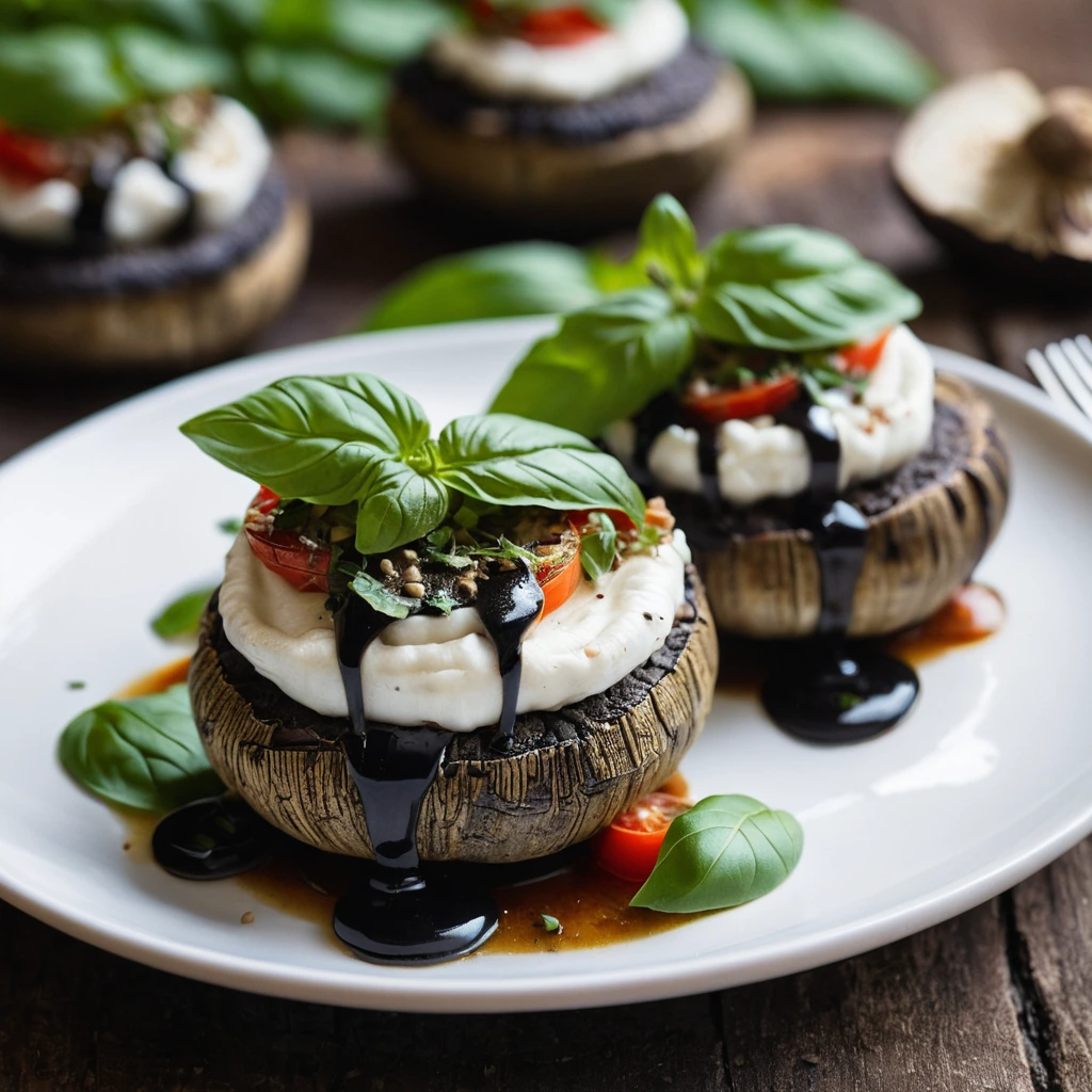 Golden portobello mushrooms stuffed with red and white filling, topped with fresh basil leaves and drizzled with dark balsamic glaze on a rustic wooden board.