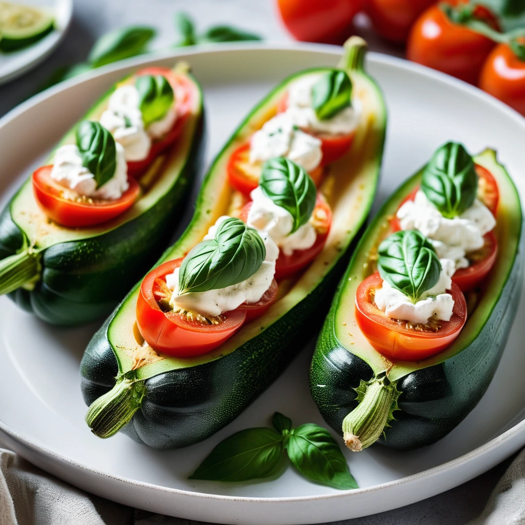 Boats of golden zucchini filled with red tomato slices and white mozzarella, garnished with fresh basil leaves.