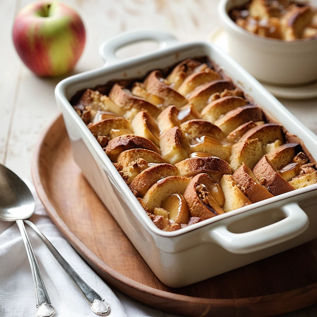 Golden brown bread pudding with caramelized apple slices in a deep baking dish, sprinkled with cinnamon