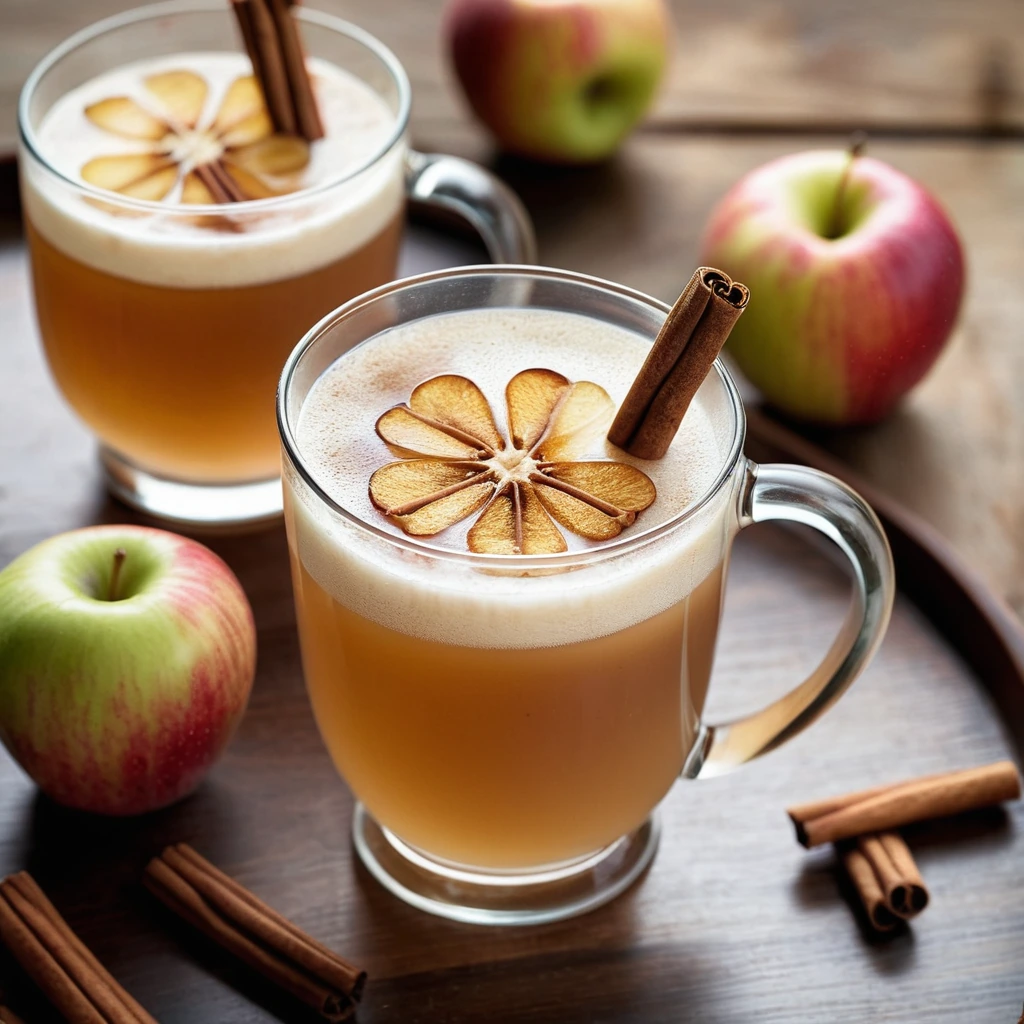 A steaming mug of amber liquid topped with a swirl of caramel foam and a cinnamon stick garnish.