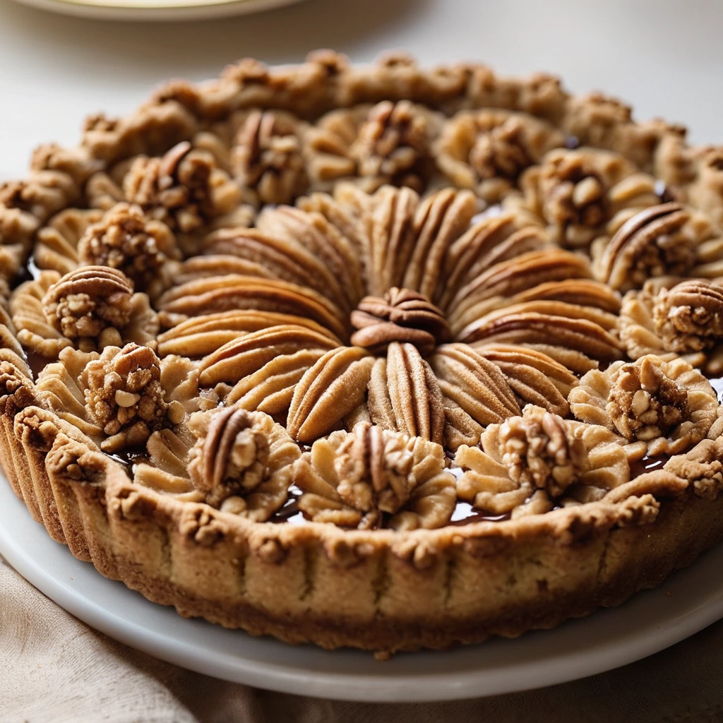 A round tart with a flaky golden crust, filled with cinnamon-spiced apple slices and topped with a golden brown crumble.