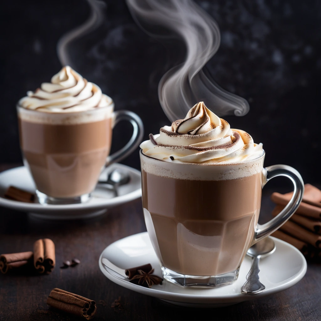 steaming mug of hot chocolate with swirls of caramel and coffee on top, dusted with cocoa powder