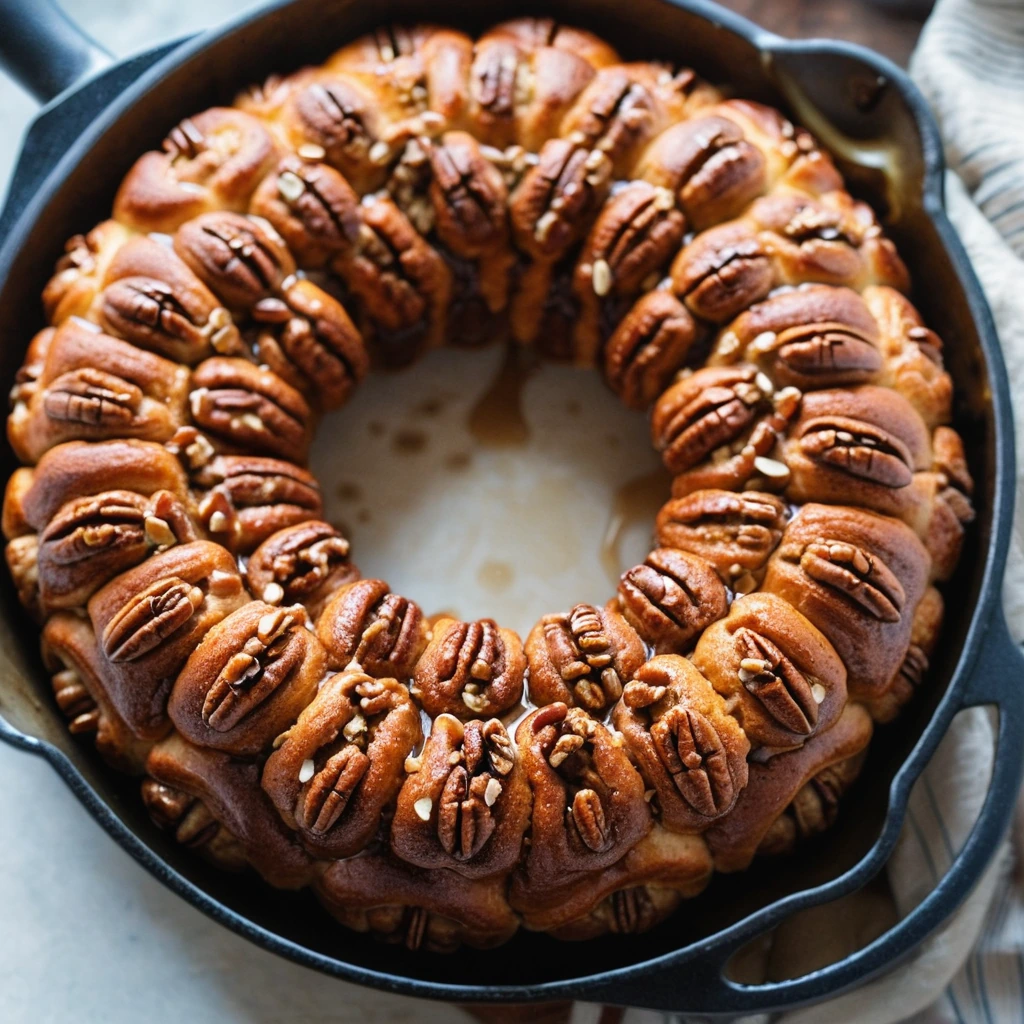 golden brown monkey bread in a cast iron skillet with caramel glaze and pecan halves on top