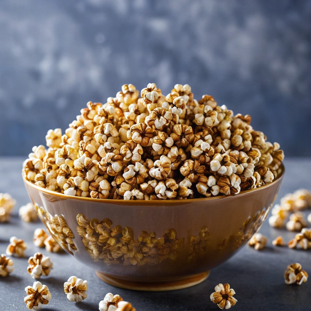 golden brown popcorn in a large bowl, drizzled with caramel and sprinkled with sea salt