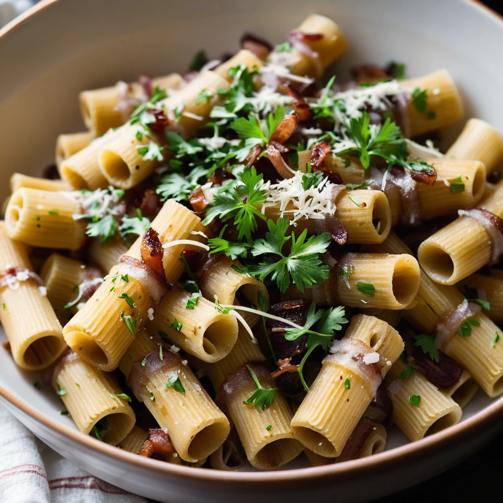 Tubular rigatoni pasta in a rich brown sauce, topped with melted cheese and green parsley.