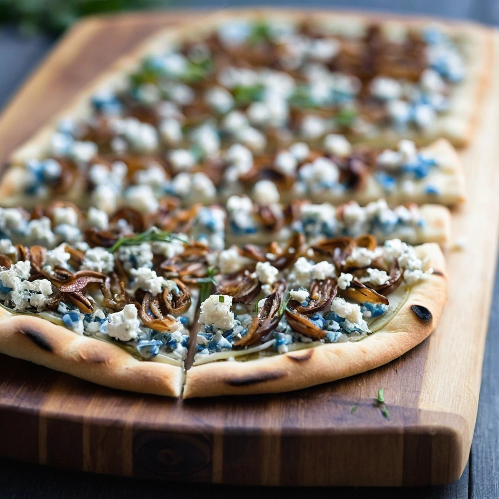 Flatbread with caramelized onions and blue cheese crumbles on a rustic wooden board