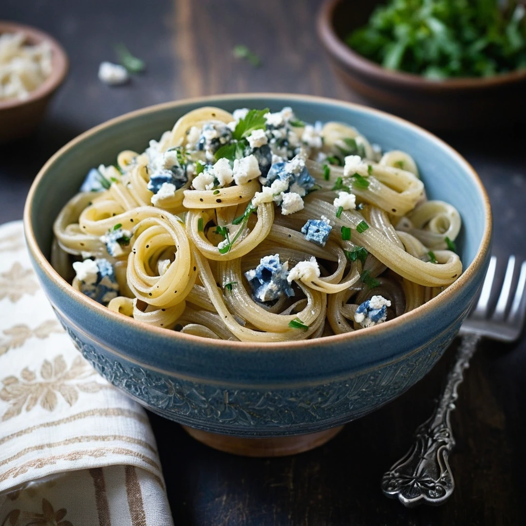 Golden caramelized onions mixed with creamy blue cheese over al dente pasta in a rustic bowl, garnished with fresh parsley.