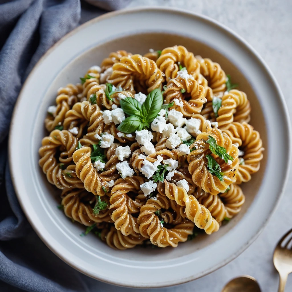 golden caramelized onions mixed with twirled fusilli pasta, topped with creamy goat cheese and fresh parsley