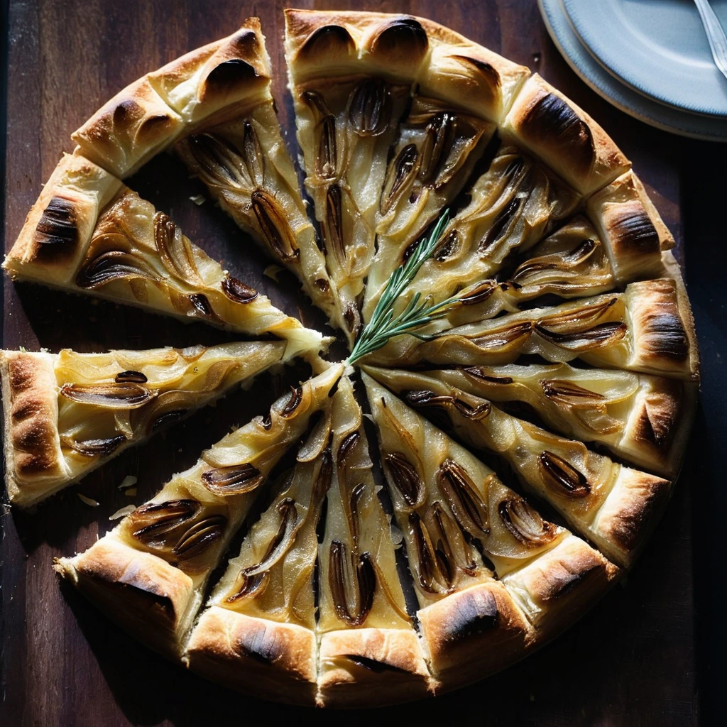 A rustic tart with golden caramelized onions and melted Gruyère cheese on a flaky crust, served on a wooden board.