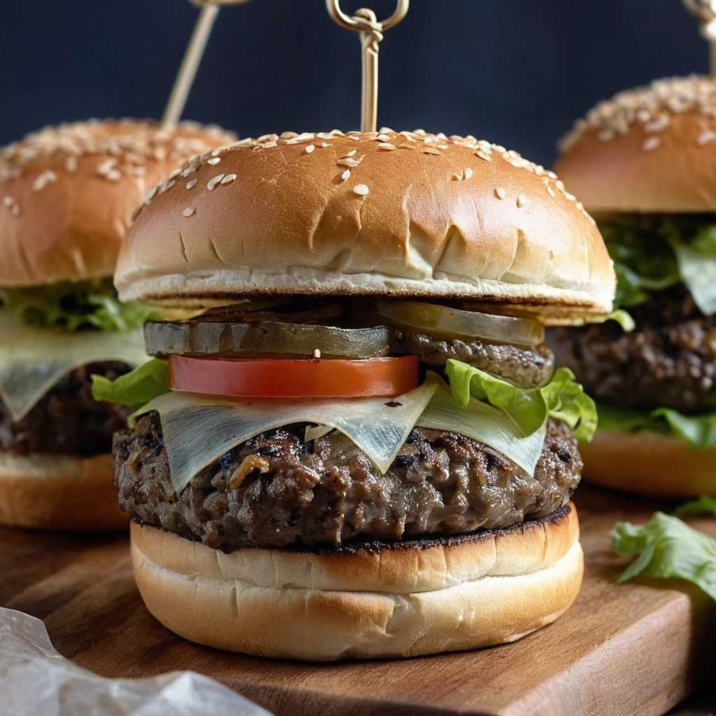 Two golden burger patties with melted Swiss cheese and caramelized onions, served in toasted sesame seed buns with lettuce and tomato.