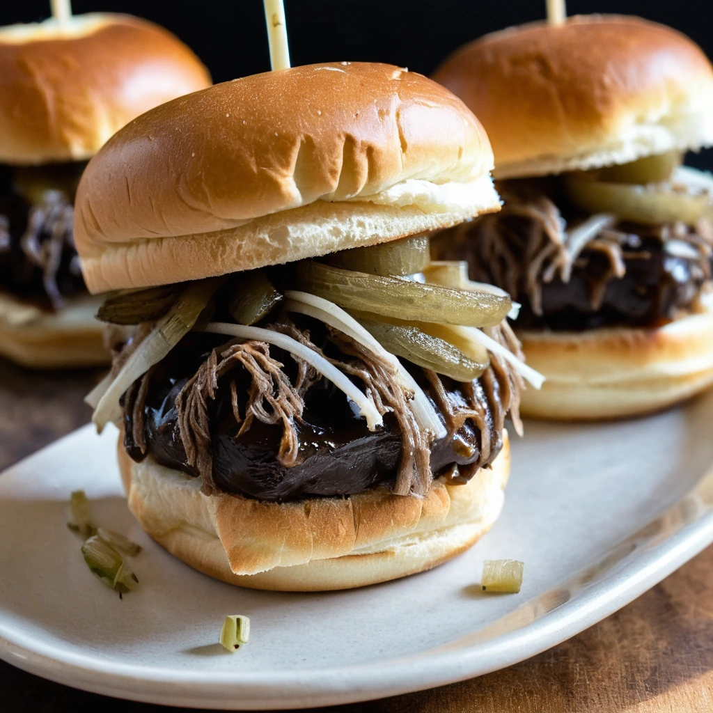 Golden brown mini slider buns filled with melted cheese and beef, topped with caramelized onions, served with au jus for dipping.
